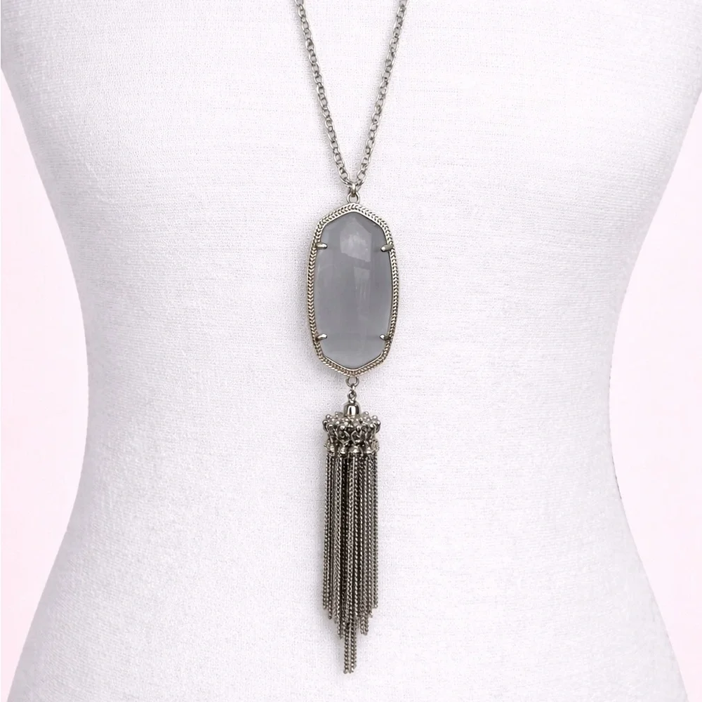 Kendra Scott Silver Tone Gray Stone Tassel Pendant Necklace